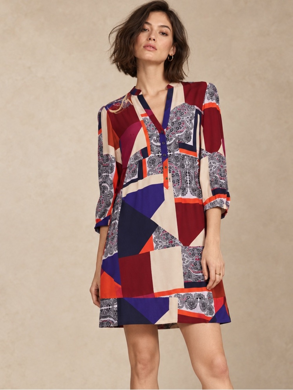 Anthropologie Maeve Taryn Patchwork Shift V Neck Button Down Boho Dress